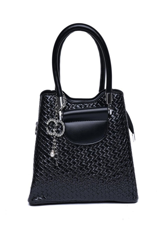 SANTORINI Vexa Textured Satchel Handbag | 3 Compartments (2 Magnetic + 1 Zipper) | Mini Top-Handle Bag with Sling Strap & Charm | Compact Luxury Bag for Daily Use. (Black) - Image 1